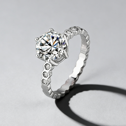 2CT Moissanite Ring – 925 Sterling Silver, 6-Prong “Honeycomb” Band, GRA Certified