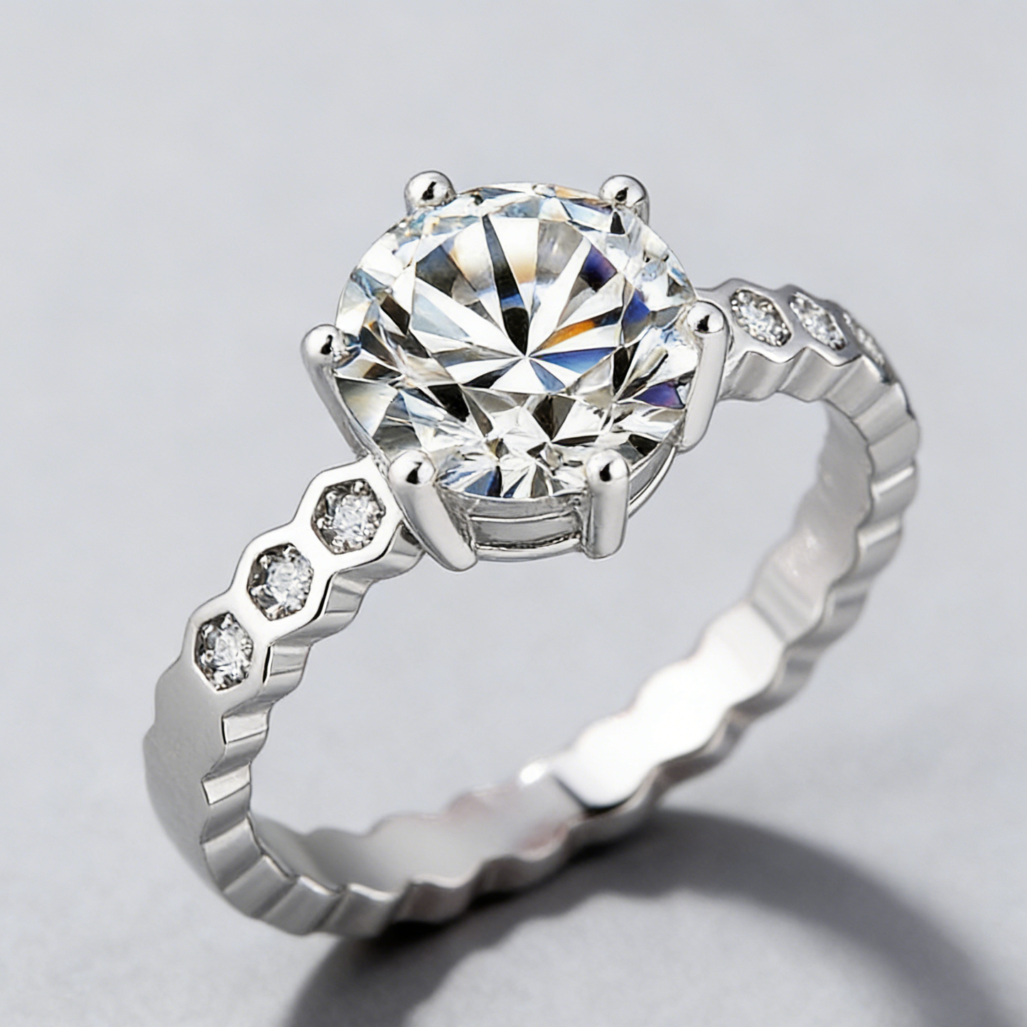 2CT Moissanite Ring – 925 Sterling Silver, 6-Prong “Honeycomb” Band, GRA Certified