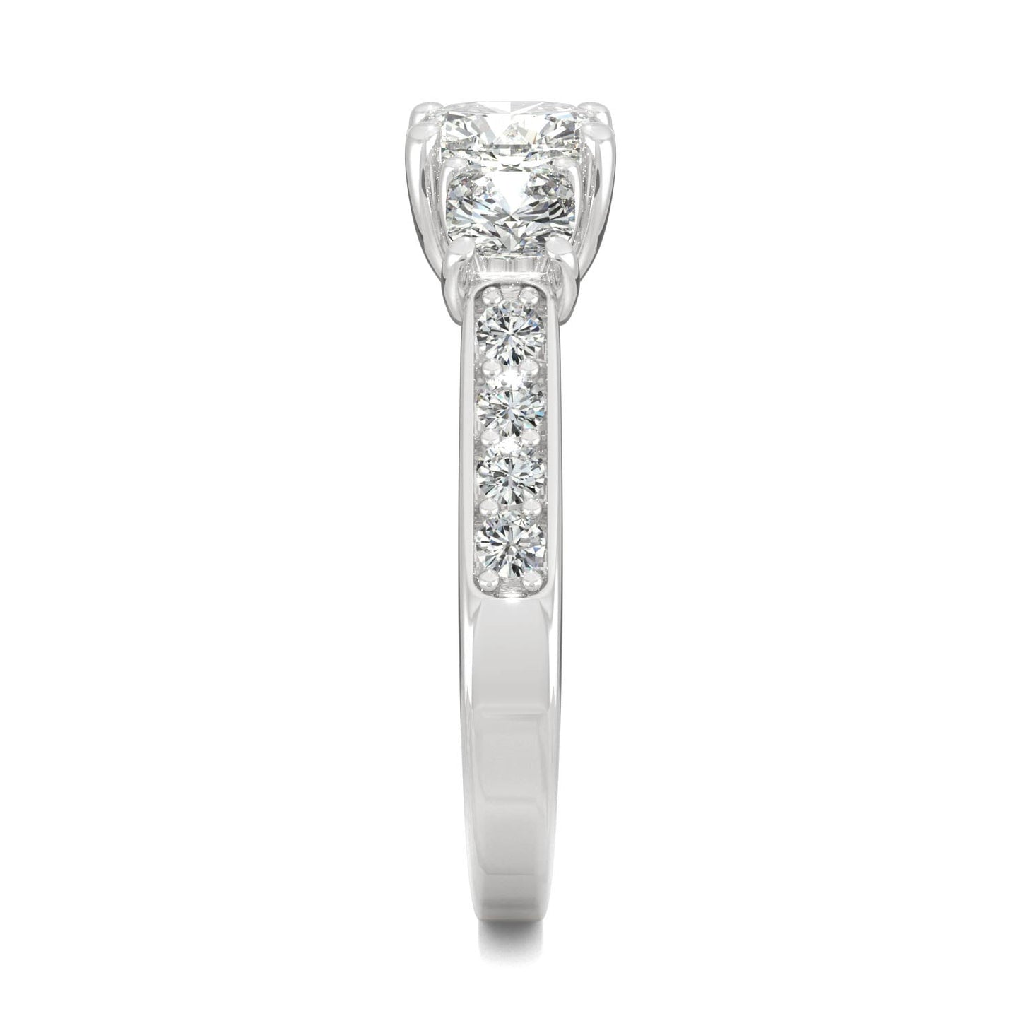 2.14 CTW DEW Cushion Moissanite Three-Stone Ring in 14K White Gold