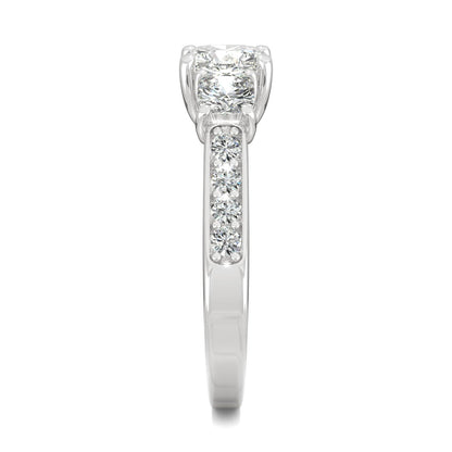 2.14 CTW DEW Cushion Moissanite Three-Stone Ring in 14K White Gold