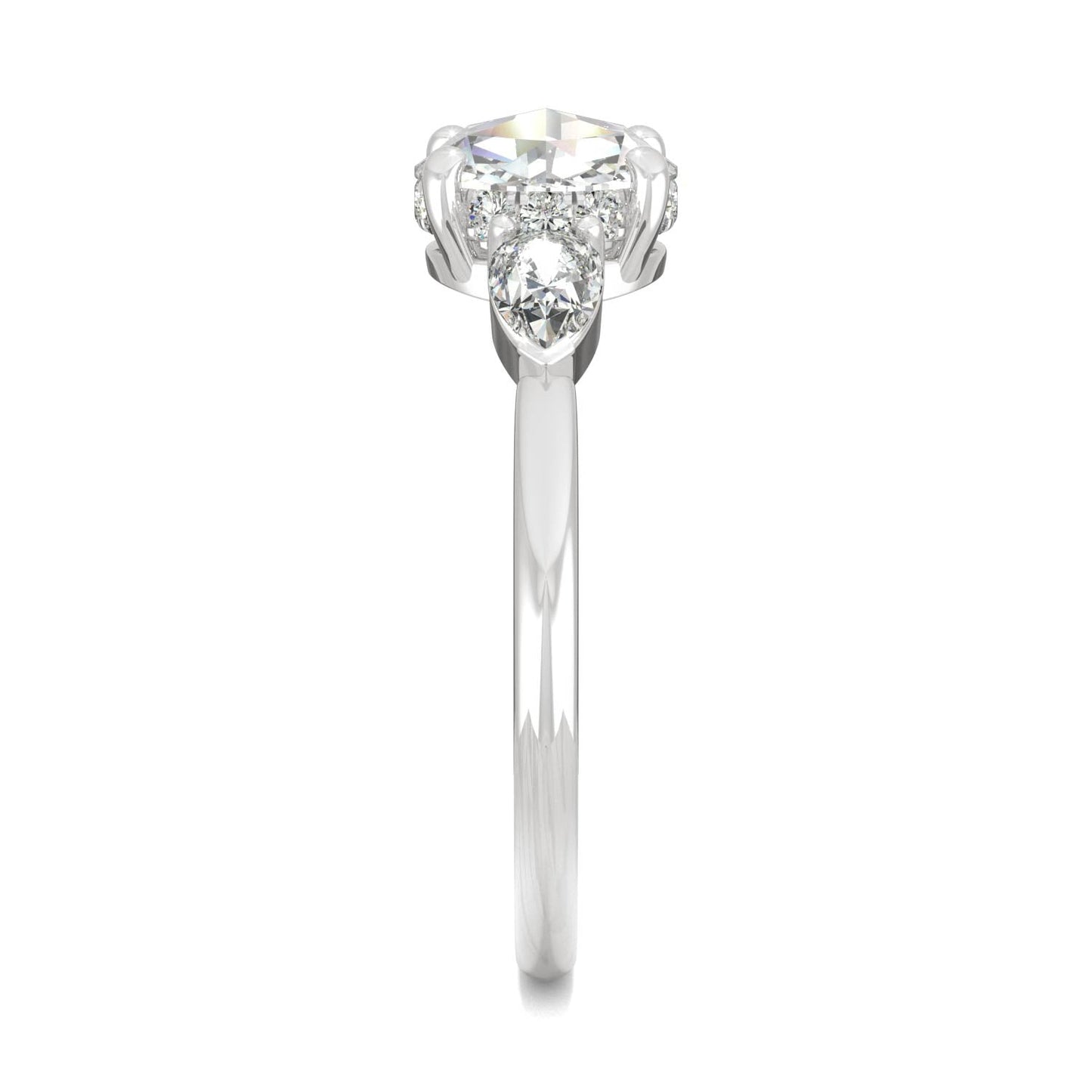 1.08 CTW DEW Round Rose-Cut and Pear Moissanite East-West Three-Stone Engagement Ring in 14K White Gold